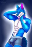  2017 abs anthro blue_eyes blue_fur blue_hair blue_nose bulge canine cinta clothing collar dog ear_piercing eyebrows fluffy fluffy_tail fur glowing hair hand_behind_head husky looking_at_viewer male mammal multicolored_fur muscular omegahusky piercing sharp_teeth simple_background solo standing teeth tight_underwear tongue tongue_out underwear white_fur 