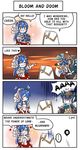  1girl 4koma axe blue_hair bouquet cloak comic dress english fire_emblem fire_emblem:_monshou_no_nazo fire_emblem_heroes flower holding holding_weapon sheeda smile summoner_(fire_emblem_heroes) weapon wedding_dress 