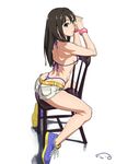  arms_up ass bangs bikini black_hair bracelet breasts chair from_side green_eyes halter_top halterneck idolmaster idolmaster_cinderella_girls jewelry long_hair medium_breasts no_socks parted_lips purple_bikini shibuya_rin shoes short_shorts shorts sideboob signature sitting sitting_backwards sneakers solo suna swimsuit t-back thighs thong thong_bikini whale_tail 