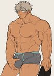  1boy abs bara bulge erection marototori muscle nipples pecs solo topless underwear undressing 