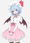  bat_wings black_legwear blouse blue_hair blush bow breasts fang hat high-waist_skirt juliet_sleeves junior27016 long_sleeves looking_at_viewer meme_attire miniskirt mob_cap open_mouth pink_skirt pointy_ears puffy_sleeves red_eyes remilia_scarlet short_hair simple_background sketch skirt small_breasts smile solo thighhighs touhou vampire virgin_killer_outfit white_blouse wings zettai_ryouiki 