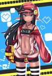  absurdres bangs black_hair blunt_bangs bow chocolate chocolate_heart collarbone commentary dark_skin elf hat heart heterochromia highres letter long_hair looking_at_viewer mouth_hold original pointy_ears shorts solo straight_hair striped tattoo thighhighs tsurime ugume valentine 