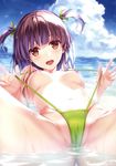  :d absurdres bangs bikini blue_sky blunt_bangs blush breasts brown_eyes cameltoe cloud copyright_request day green_bikini green_swimsuit hair_ribbon highres horizon island looking_at_viewer lying misaki_kurehito navel nipples ocean on_back open_mouth outdoors partially_submerged partially_visible_vulva purple_hair ribbon scan sky slingshot_swimsuit small_breasts smile solo sparkle spread_legs strap_pull sunlight swimsuit thighs two_side_up water water_drop wet 