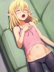  ass_visible_through_thighs bike_shorts blonde_hair blush breasts camisole couch drooling elf from_above hair_between_eyes hand_on_own_chest highres indoors kurowan lying medium_hair midriff navel on_back open_mouth original pointy_ears saliva sleeping small_breasts solo stomach 