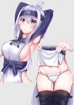  ainu ainu_clothes armpits arms_up black_legwear blue_eyes blush breasts cropped_jacket dress dress_lift eyebrows_visible_through_hair folded_ponytail fundoshi headband highres japanese_clothes kamoi_(kantai_collection) kantai_collection kitajima_yuuki large_breasts lifted_by_self long_hair long_sleeves looking_at_viewer multiple_views navel open_mouth sideboob sidelocks simple_background sleeveless sleeveless_dress thick_eyebrows thighhighs thighs white_dress white_hair 