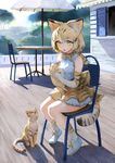  animal animal_ears bare_shoulders blonde_hair bow bowtie cat cat_ears cat_tail chair day elbow_gloves full_body gloves highres holding holding_animal kemono_friends morning open_mouth outdoors sand_cat sand_cat_(kemono_friends) sand_cat_print shirt shoe_ribbon shoes short_hair sitting skirt sleeveless solo striped striped_gloves striped_legwear striped_skirt striped_tail table tail treeware umbrella white_footwear wooden_floor yellow_bow yellow_eyes 