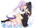  absurdres bad_id bad_pixiv_id bare_shoulders black_hair black_legwear blush choker closed_eyes couple daiaru elbow_gloves from_side gloves hair_ornament highres kiss kneehighs long_hair multiple_girls nepgear neptune_(series) purple_hair sitting striped striped_legwear uni_(choujigen_game_neptune) yuri 