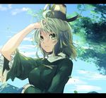  ahoge arm_up bangs blue_sky breasts closed_mouth cloud day expressionless eyebrows_visible_through_hair frilled_sleeves frills green_eyes green_hair hair_between_eyes hat leaf letterboxed long_sleeves looking_at_viewer makuwauri medium_breasts mountain outdoors short_hair sky soga_no_tojiko solo tate_eboshi touhou 