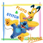  2016 3_fingers 3_toes 4_fingers 4_toes alien black_ears black_nose blue_claws blue_fur blue_nose canine chest_tuft claws collar digital_media_(artwork) disney dog english_text experiment_(species) eyes_closed featureless_crotch fur harara head_tuft lilo_and_stitch mammal notched_ear one_eye_closed open_mouth open_smile pluto_(disney) simple_background smile stitch text toe_claws toes tongue tongue_out tuft white_background yellow_fur 