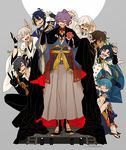  ^_^ black_gloves black_hair blonde_hair blue_eyes blue_hair brown_hair cape closed_eyes eyepatch feathers gloves hair_feathers hakama hood japanese_clothes kasen_kanesada male_focus mikazuki_munechika multiple_boys necktie ookurikara open_mouth partly_fingerless_gloves ponytail purple_hair sandals sayo_samonji shimauma_hikuuma shokudaikiri_mitsutada shorts smile taikogane_sadamune touken_ranbu tsurumaru_kuninaga v white_hair yamanbagiri_kunihiro yellow_eyes 