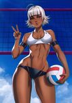  absurdres ahoge armband artist_name beach breasts cloud covered_nipples dandon_fuga dark_skin day freckles green_eyes gumroad_reward highres lips looking_at_viewer medium_breasts navel original outdoors paid_reward silver_hair sky solo sportswear standing summer toned v volleyball volleyball_net volleyball_uniform 