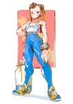  adapted_costume alternate_costume andrea_cofrancesco bag blush breasts brown_hair chun-li double_bun duffel_bag full_body hair_ribbon hand_on_hip leggings long_legs ribbon shoes short_hair skin_tight small_breasts sneakers solo sports_bra street_fighter street_fighter_zero_(series) studded_bracelet thick_thighs thighs toned 