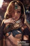  areola_slip areolae artist_name belt brown_hair damaged finger_in_mouth green_eyes highres hoo_bamon league_of_legends lips long_hair patreon_username pauldrons realistic sivir solo tiara torn_clothes vambraces 
