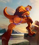  anthro anus beach bulge clothing dinosaur feline guffaw hybrid looking_back male mammal muscular outside seaside shirt smile solo tank_top tiger underwear 