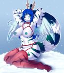  anthro breasts canine clothed clothing collar feathered_wings feathers female garter hybrid kitsunewaffles-chan kneeling looking_at_viewer mammal nipples skimpy smile solo wings 