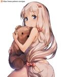  artist_name ass bangs blue_eyes bow eromanga_sensei eyebrows_visible_through_hair from_behind gao_(gaolukchup) hair_bow izumi_sagiri long_hair looking_at_viewer looking_back low-tied_long_hair object_hug panties patreon_logo patreon_username pink_bow silver_hair simple_background solo stuffed_animal stuffed_toy teddy_bear underwear underwear_only very_long_hair watermark web_address white_background white_panties 