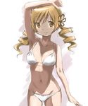  arm_at_side arm_over_head bikini blonde_hair blush breasts cleavage commentary_request cowboy_shot drill_hair groin hair_ornament highres kinfuji long_hair looking_at_viewer mahou_shoujo_madoka_magica medium_breasts navel sketch smile solo swimsuit tomoe_mami twintails white_bikini yellow_eyes 