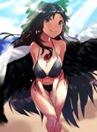  asuzemu bad_anatomy bad_perspective big_hair bikini black_bikini black_hair black_wings blue_sky blurry blurry_background bow breasts brown_eyes cape day feathered_wings green_bow hair_bow hanging_breasts highres hips large_breasts leaning_forward light_rays long_hair looking_at_viewer ocean outdoors reiuji_utsuho sideways_glance sky smile solo sparkle string_bikini sunbeam sunlight swimsuit thighs third_eye touhou very_long_hair wind wings 
