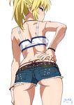  ass bare_shoulders blonde_hair bracelet braid commentary_request cutoffs denim denim_shorts fate/apocrypha fate_(series) green_eyes hand_on_hip highres jewelry looking_to_the_side midriff mordred_(fate) mordred_(fate)_(all) ponytail revision short_shorts shorts solo suna tank_top thong 