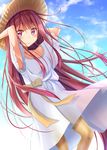  alternate_costume bow day dress frilled_dress frills gurande_(g-size) hair_bow hat highres kamikaze_(kantai_collection) kantai_collection long_hair looking_at_viewer outdoors pantyhose pink_hair purple_eyes sky smile solo sun_hat very_long_hair white_dress yellow_bow yellow_legwear 