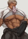  1boy abs bara bulge erection male_focus marototori muscle naughty_face necktie pecs presenting shirt_lift smile solo unbuttoned undressing 