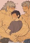  3boys bara blush male_focus marototori multiple_boys naughty_face size_difference sweat topless undressing yaoi 