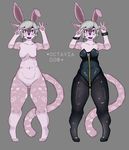  2017 animal_humanoid anthro areola breasts butt clothed clothing corruption digital_media_(artwork) feline female fur hair hi_res humanoid lagomorph legwear looking_at_viewer mammal nude octaviados open_mouth pantyhose rabbit_humanoid rubber simple_background smile solo spread_legs spreading standing white_fur 