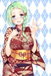  argyle argyle_background atori_eri blue_eyes blush braid breasts commentary_request green_hair hair_ornament hand_on_own_chest huge_breasts japanese_clothes kimono long_hair looking_at_viewer obi original revision sash single_braid smile solo waving yagasuri yappen 