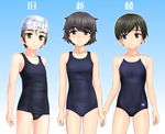  absurdres black_eyes black_hair blue_swimsuit competition_school_swimsuit cowboy_shot highres multiple_girls name_tag new_school_swimsuit old_school_swimsuit one-piece_swimsuit original school_swimsuit short_hair standing swim_cap swimsuit takafumi very_short_hair 