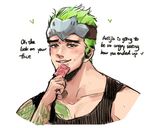 1boy blush condom francishsie genji_(overwatch) green_hair looking_at_viewer male_focus naughty_face overwatch smile solo_focus sweat tattoo text 