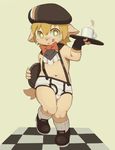  anthro blonde_hair bluge bow_tie briefs brown_fur canine clothing cup dog footwear fur hair hat legwear male mammal moki shoes simple_background socks solo standing suspsenders tongue tongue_out underwear 