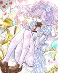  1girl alice_(wonderland)_(cosplay) alice_in_wonderland apron bow candy card chocolate cosplay gloves hair_over_one_eye lavender_hair little_witch_academia ribbon sucy_manbavaran thighhighs 