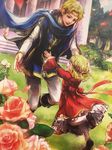  blonde_hair boots brother_and_sister cape child circlet closed_eyes detached_sleeves dress fire_emblem fire_emblem:_rekka_no_ken fire_emblem_cipher flower gold_trim guinevere_(fire_emblem) hair_ornament highres knee_boots long_sleeves official_art open_mouth outdoors petals shoes short_hair siblings smile wada_sachiko white_legwear yellow_eyes zephiel 