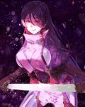  artist_name bodysuit breasts commentary fate/grand_order fate_(series) frown_(wonderland85711) gloves holding holding_sword holding_weapon huge_breasts japanese_clothes long_hair looking_at_viewer minamoto_no_raikou_(fate/grand_order) puffy_sleeves purple_eyes purple_hair shaded_face smile solo sword weapon 
