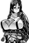  bangs blush breasts covered_navel covered_nipples fate/grand_order fate_(series) greyscale huge_breasts long_hair looking_down minamoto_no_raikou_(fate/grand_order) monochrome parted_bangs smile very_long_hair white_background yukinojou_yakan 
