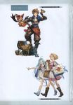  2girls absurdres armor blonde_hair blue_eyes blue_hair boots box brown_eyes brown_hair collarbone crown djeeta_(granblue_fantasy) dress frills gauntlets gift gift_box gold gran_(granblue_fantasy) granblue_fantasy hairband hand_on_hip highres holding knee_boots long_hair looking_at_viewer lyria_(granblue_fantasy) minaba_hideo multiple_girls non-web_source pants pink_hairband scan shoes short_hair simple_background smile socks treasure_chest vee_(granblue_fantasy) white_dress white_legwear 