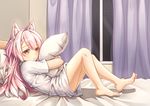  absurdres animal_ears barefoot bed bed_sheet braid closed_mouth curtains eyebrows_visible_through_hair eyes_visible_through_hair fang french_braid frown highres holding holding_pillow indoors knees_up lonely long_hair looking_away night no_legwear no_pants on_bed pillow pillow_hug pink_hair ray_(pixiv9514208) reclining shimakaze_(zhan_jian_shao_nyu) shirt short_sleeves sky solo star_(sky) t-shirt thighs white_shirt window yellow_eyes zhan_jian_shao_nyu 