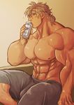  1boy abs bara beer bulge can looking_away male_focus marototori muscle pecs sitting solo topless 