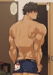  1boy ass bara black_hair blush looking_at_viewer male_focus marototori muscle solo_focus topless underwear undressing 