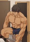  1boy abs bara black_hair bulge crotch male_focus marototori muscle nipples pecs solo_focus topless underwear undressing 