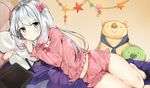  :&lt; absurdres aqua_eyes barefoot bow closed_mouth eromanga_sensei hair_bow highres izumi_sagiri long_hair looking_at_viewer lying midriff navel on_side pajamas pillow pink_bow sabet_(young_ouo) signature silver_hair solo stuffed_animal stuffed_toy stylus tablet thighs twitter_username v-shaped_eyebrows 
