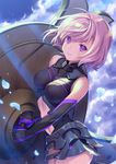  arched_back armor bare_shoulders breasts closed_mouth cloud commentary_request day elbow_gloves eyebrows_visible_through_hair eyes_visible_through_hair fate/grand_order fate_(series) from_side gloves highres holding_shield large_breasts looking_at_viewer mash_kyrielight midriff multicolored multicolored_clothes multicolored_gloves ne-on outdoors pink_hair purple_eyes purple_hair shield short_hair smile solo standing wind 