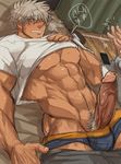  abs bed bedroom blush looking_away lying male_focus marototori muscle nipples pecs presenting pubic_hair shirt_lift solo_focus steam sweat underwear undressing 