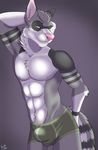  2016 abs anthro black_fur bulge canine cinta clothing colf fur grey_fur hand_behind_back hand_on_butt looking_aside looking_up male mammal mask_(marking) multicolored_fur muscular pink_nose smile solo standing stripes tight_underwear underwear white_fur yellow_eyes 