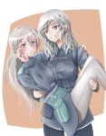  2girls aurora_e_juutilainen carrying commission eila_ilmatar_juutilainen military military_uniform multiple_girls open_mouth pantyhose princess_carry purple_eyes sainto shoulder_carry siblings silver_hair sisters strike_witches uniform world_witches_series 