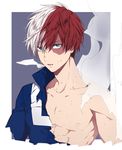  abs bare_shoulders blue_eyes boku_no_hero_academia burn_scar collarbone commentary_request heterochromia hinomiya_(wls0910) jacket looking_at_viewer male_focus multicolored_hair muscle parted_lips red_hair scar smoke sweat todoroki_shouto toned toned_male torn_clothes track_jacket two-tone_hair upper_body white_hair 
