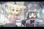  animal_ears black_hair blonde_hair bow bowtie brown_eyes bus chromatic_aberration commentary common_raccoon_(kemono_friends) fang fennec_(kemono_friends) fox_ears gloves grey_hair ground_vehicle interior kemono_friends motor_vehicle movie_reference multicolored_hair multiple_girls no_nose open_mouth parody puffy_sleeves raccoon_ears short_hair short_sleeves smile speed tears ueyama_michirou white_hair 