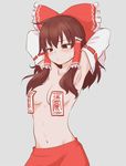  armpits arms_behind_head arms_up bangs blush bow breasts brown_eyes brown_hair commentary_request cowboy_shot detached_sleeves grey_background hair_bow hair_tubes hakurei_reimu highres marogare_niwa medium_breasts midriff navel ofuda red_bow red_skirt ribbon-trimmed_sleeves ribbon_trim sidelocks simple_background skirt solo stomach sweat touhou translated yin_yang 