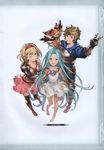  2girls absurdres bangs barefoot blonde_hair blue_eyes blue_hair bob_cut boots bridal_gauntlets brown_eyes brown_footwear brown_legwear djeeta_(granblue_fantasy) dress gauntlets gran_(granblue_fantasy) granblue_fantasy hairband highres knee_boots long_hair looking_at_viewer looking_up lyria_(granblue_fantasy) minaba_hideo multiple_girls non-web_source one_eye_closed open_mouth pants pink_dress pink_hairband scan short_dress simple_background standing thigh_boots thighhighs v vee_(granblue_fantasy) zettai_ryouiki 