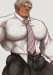  1boy bara facial_hair male_focus marototori muscle necktie pecs smile solo undressing 